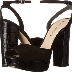 Via Spiga Varsha Black Peep-Toe Platform Heels Size 37 EU 7 US